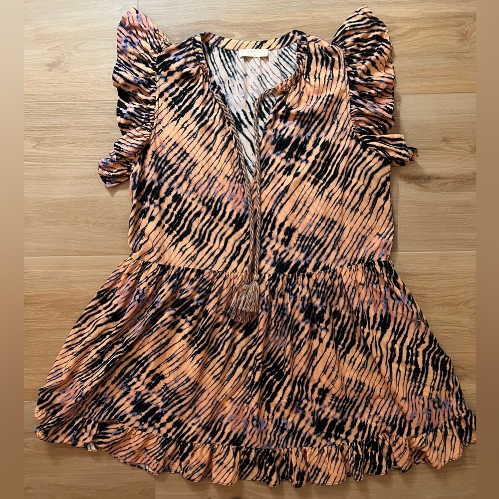 Ulla Johnson Peach and Black Ruffled Short Sleeve Blouse